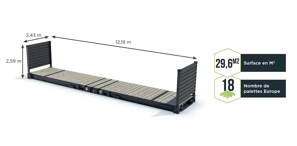 dimensions Conteneur maritime 40 pieds flat rack dispo en vente.