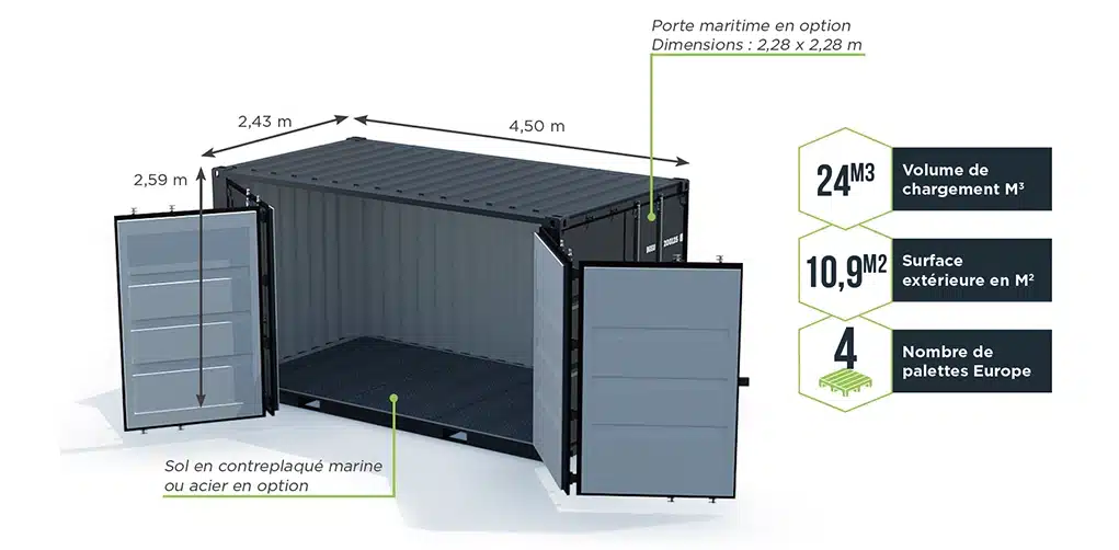 Conteneur de stockage 15 pieds open side double porte disponible en vente.